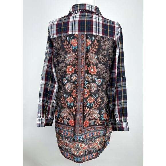 Aratta Silent Journey Mixed Plaid Floral Print Button Down Tunic Top Size Small - Picture 6 of 14